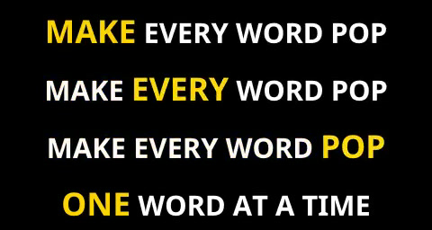Four frames from a video burned with word-by-word subtitles. The whole line stays on screen while the highlighted word changes.